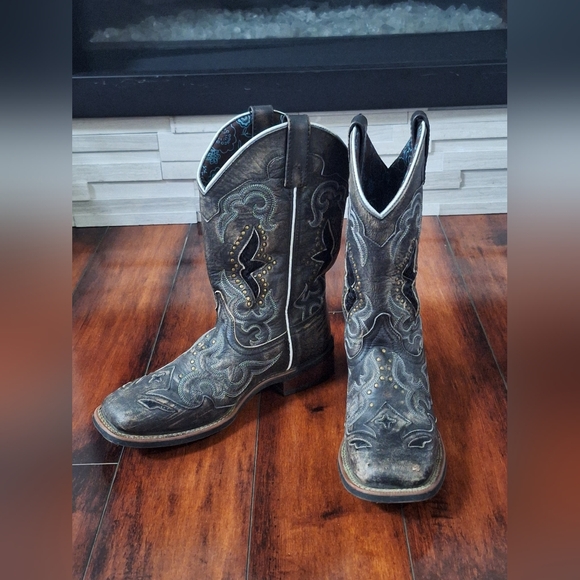 Laredo Spellbound Black Tan Leather Square Toe West Cowgirl Boot Size 9 - Picture 5 of 10